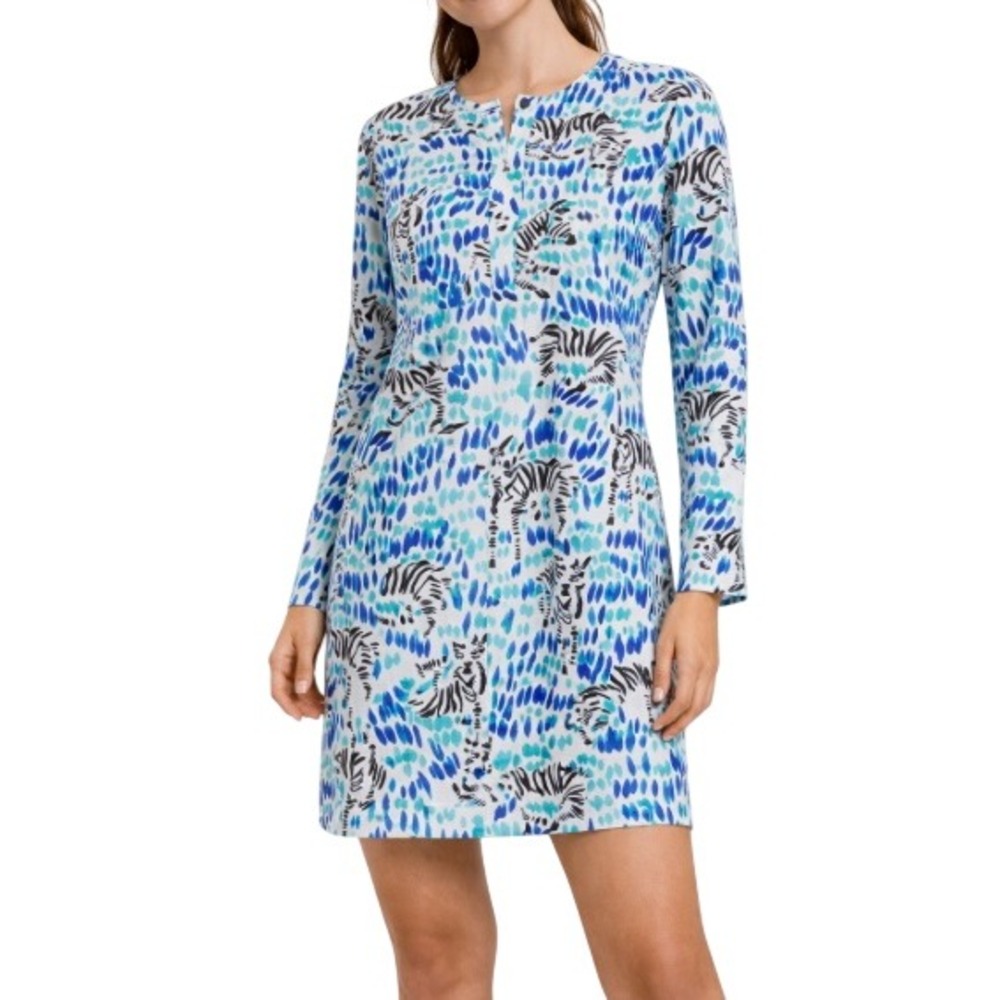 IBKUL Women's Blue Zebra Print Long Sleeve Icefil Quarter Zip Mini Dress‎ Size S